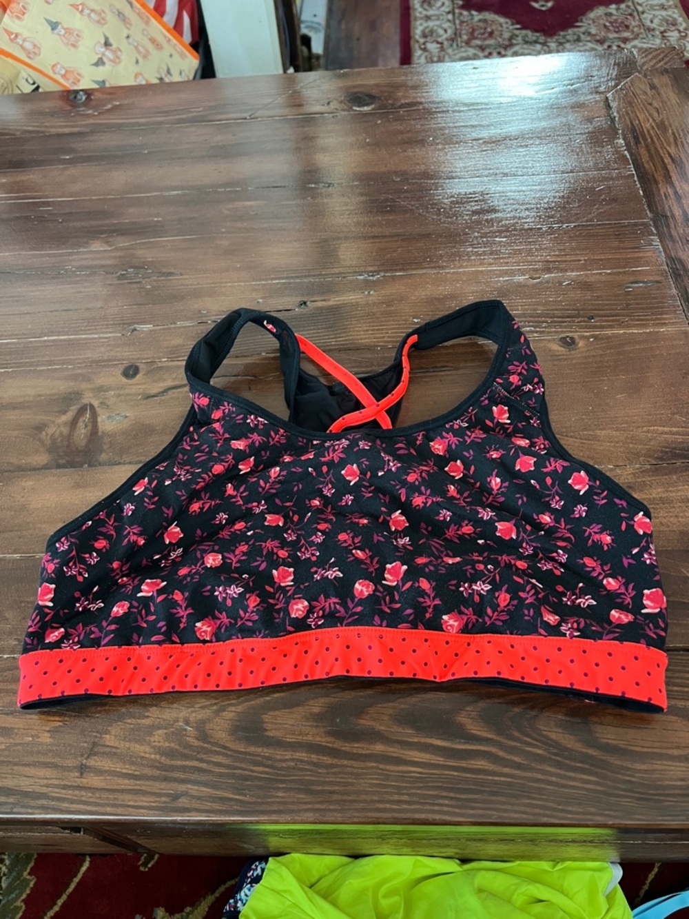 Old Navy Black Sports Bra with Red Floral Print and Red Trim